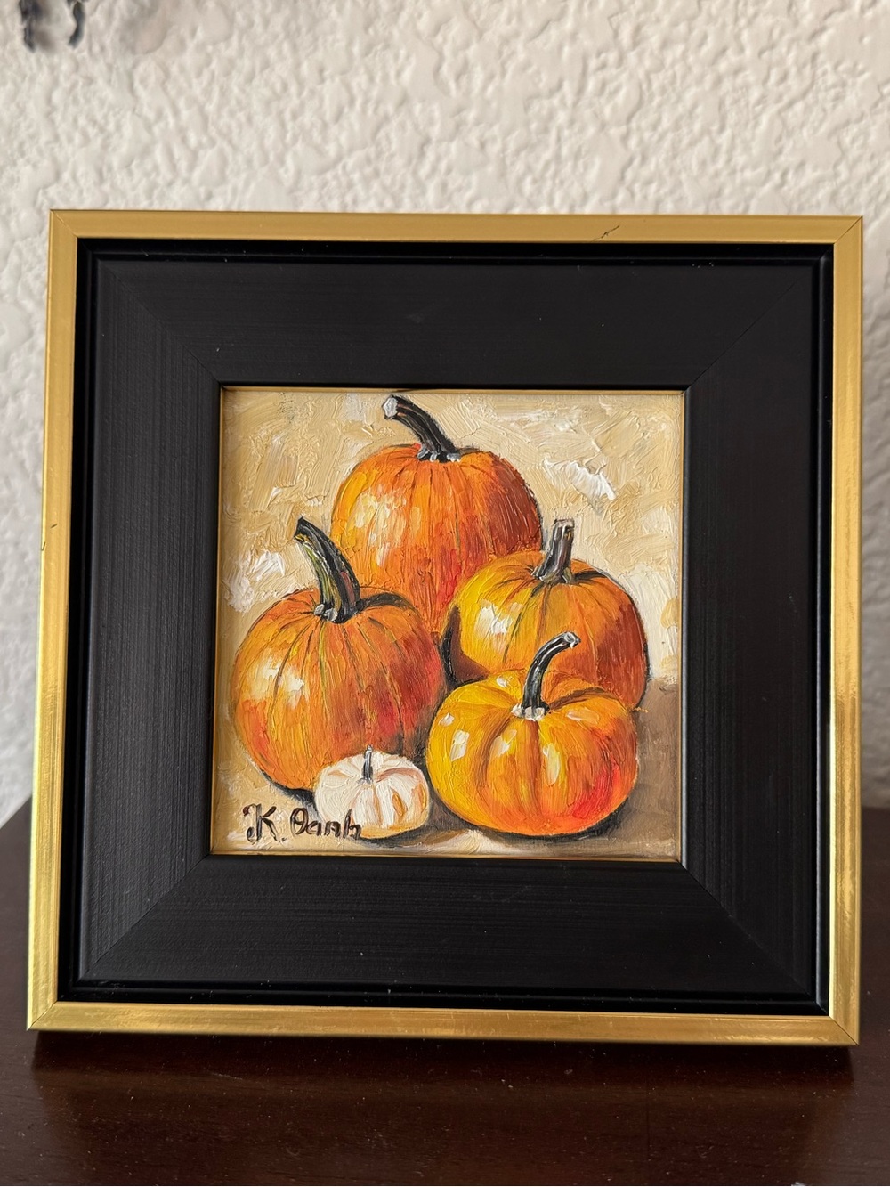 Original oil painting pumpkins autumn thanksgiving signed framed 4x4 inches
